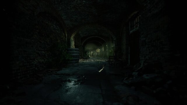 Long abandoned service tunnel lined with damp walls and heavy door, gritty industrial vibe, echoing footsteps and security inspector narrative for risk