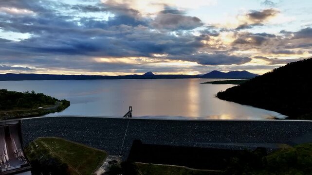 Spectacular Aerial sunset of Proserpine Dam Queensland Australia
