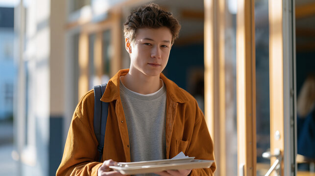Teenager hesitating at high school cafeteria entrance holding lunch tray, prefrontal cortex decision making social anxiety moment, back to school emotional concept, adolescent