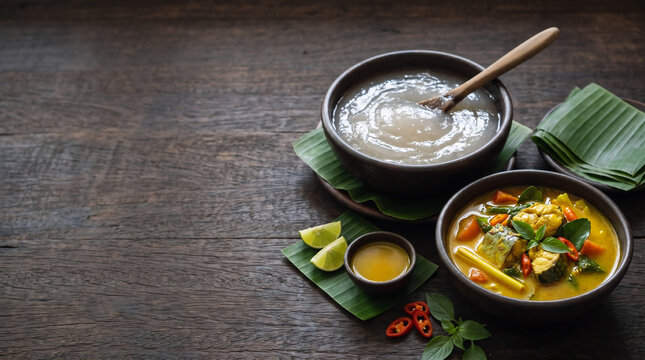 Horizontal Papuan papeda sago banner with yellow fish soup and copy space for food advertising, tourism brochures, restaurant promos, and website headers.