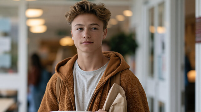 Teenager hesitating at high school cafeteria entrance holding lunch tray, prefrontal cortex decision making social anxiety moment, back to school emotional concept, adolescent