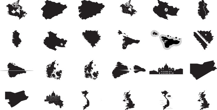 Black silhouette world country map shape icon set with canada, denmark, vietnam, uk, and landmark building design elements on white background