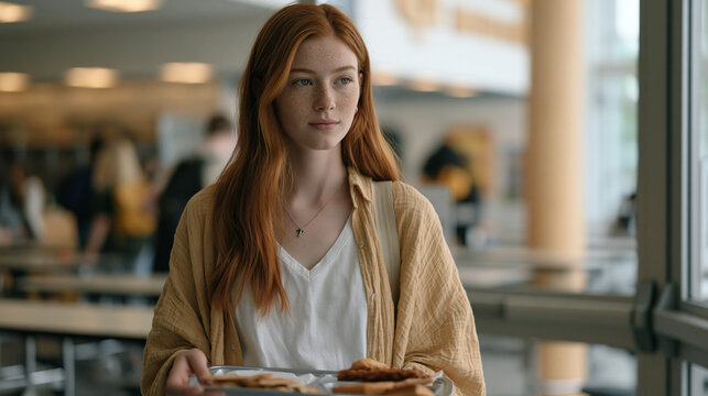 Teenager hesitating at high school cafeteria entrance holding lunch tray, prefrontal cortex decision making social anxiety moment, back to school emotional concept, adolescent