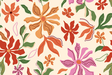 Fototapeta premium Colorful summer abstract tropical floral seamless pattern. Yellow orange hand drawn flowers, leaves with polka dots elements. Vector tropical design, Hawaii nature repeat background, wallpaper, print.