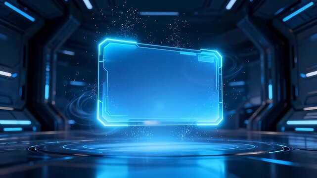 Glowing blue rectangular holographic screen suspended in sci-fi corridor