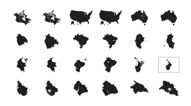 Black silhouette world country map shape icon set with canada, usa, australia, brazil, colombia, barbados, dominica, and reunion geography design