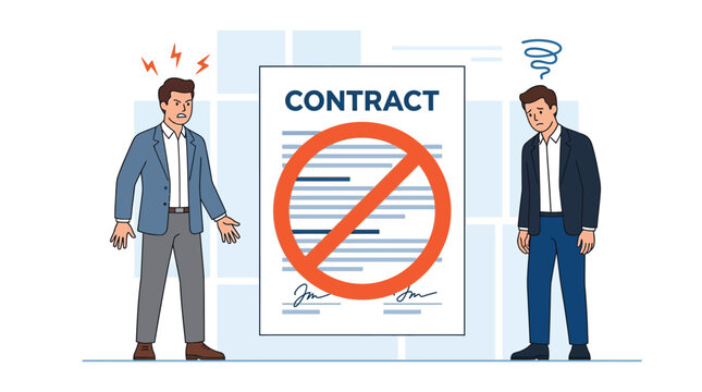 Angry and sad businessmen standing next to a large rejected contract document vector graphic illustration