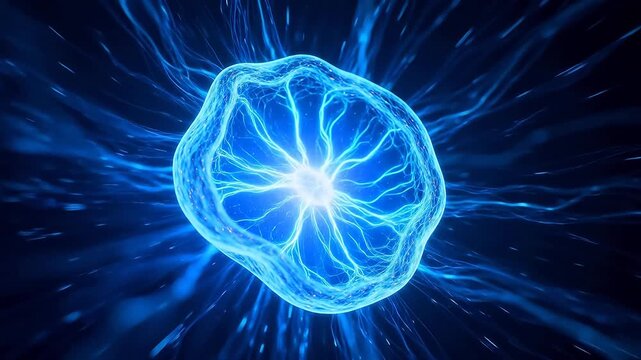 Translucent blue glowing structure with branching veins resembling neuron cell in dark sci-fi environment