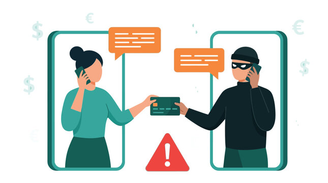 Flat vector illustration showing a woman handing a credit card to a masked phone scammer hacker