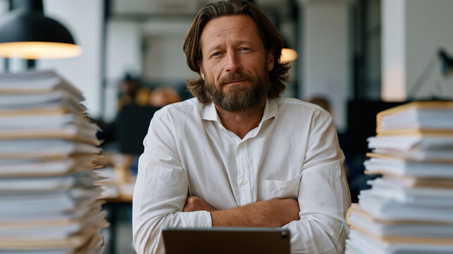 Compliance officer surrounded by stacked regulatory binders now replaced by single tablet showing automated regtech dashboard parsing thousands of financial rules in seconds,