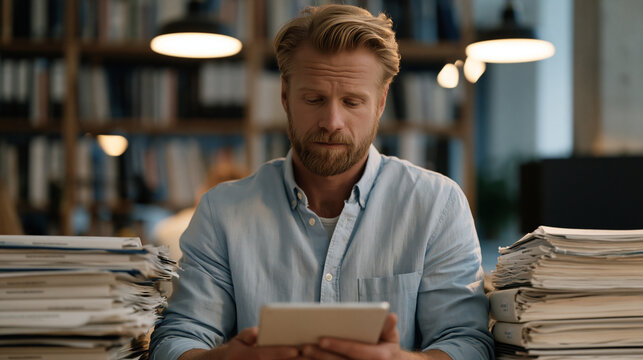 Compliance officer surrounded by stacked regulatory binders now replaced by single tablet showing automated regtech dashboard parsing thousands of financial rules in seconds,