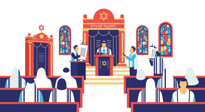 Synagogue service with Torah reading and congregation attending