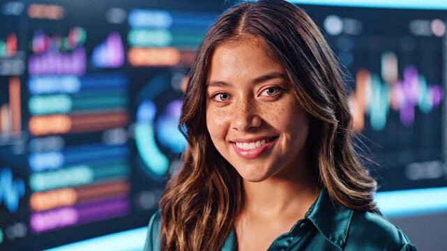 Professional young woman smiling in front of multiple monitors displaying data charts and analytics.