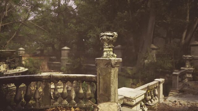 Sepia closeup moss covered balustrade urn. Textured stone rails show heavy erosion and lichen growth, soot and patina settle in carved details, soft vignette