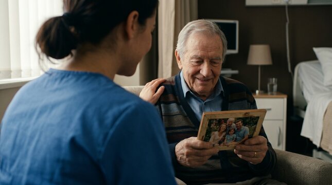 Caring nurse comforts a smiling elderly man who is holding a vintage wooden picture frame containing a cherished family photograph while sitting comfortably in a bright and quiet hospital room