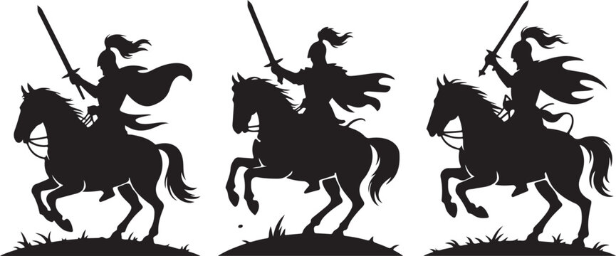 Set of silhouettes of knights on horseback, warriors on horses with swords, medieval riders in armor, fantasy soldiers, vector illustration