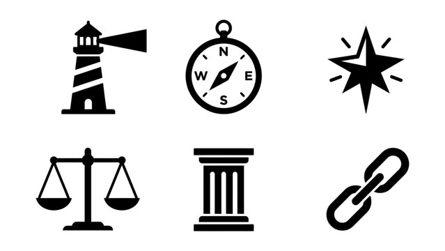 Set of black minimalist icons including lighthouse compass scales pillar and chain link vector symbols for guidance law and connection