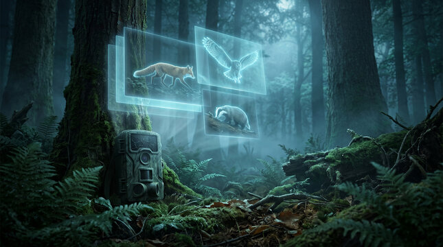 Misty Forest Wildlife Camera Trap Capturing Nocturnal Animal Light Silhouettes