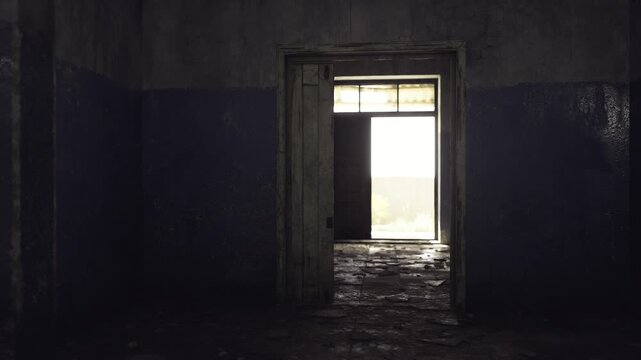 Bright exit framed by ruined doorway, long shadowed corridor, cracked floor, peeling paint, distant daylight creating hopeful contrast atmosphere of abandonment