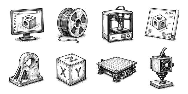 3D printing sketch icon collection in black. Set of modeling, printing and prototype icons in doodle style