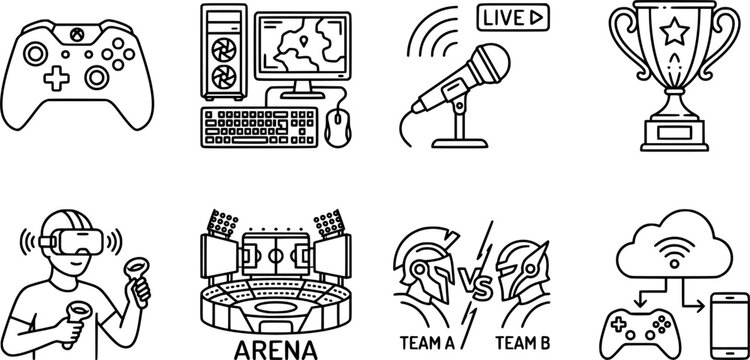 E-Sports and Competitive Gaming Line Icons Set - Video Game Controller Live Streaming Tournament Championship and Cyber Sport UI Vector Template