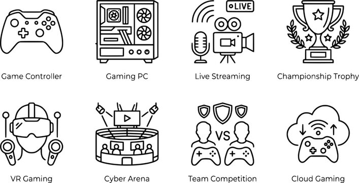 E-Sports and Competitive Gaming Line Icons Set - Video Game Controller Live Streaming Tournament Championship and Cyber Sport UI Vector Template