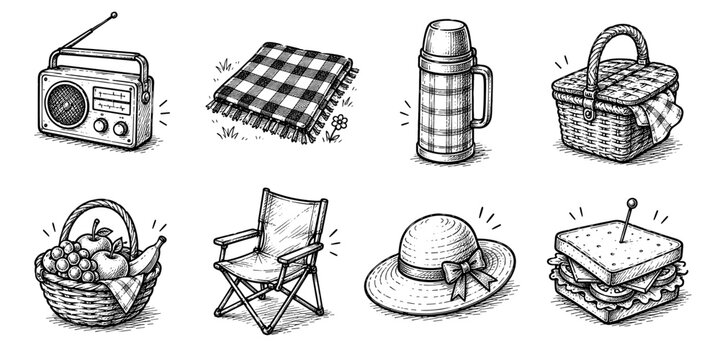 Picnic recreation sketch icon collection in black. Set of outdoor leisure and food icons in doodle style