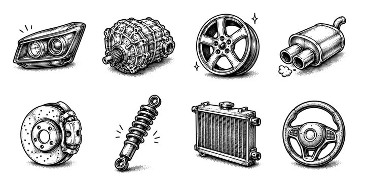 Car parts sketch icon collection in black. Set of performance, suspension and vehicle component icons in doodle style