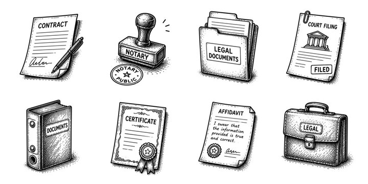 Legal documents sketch icon collection in black. Set of contracts, certifications and law office icons in doodle style
