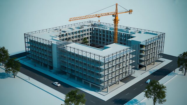 Modern commercial building construction project with crane and architectural framework