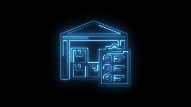 Neon blue warehouse icon with boxes and checklist glowing on black background representing