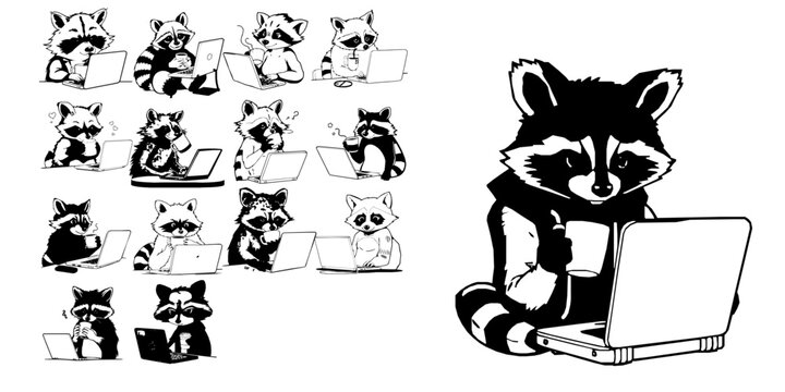 Cool Raccoon Drinking Coffee While Coding on a Laptop Outline on White Background