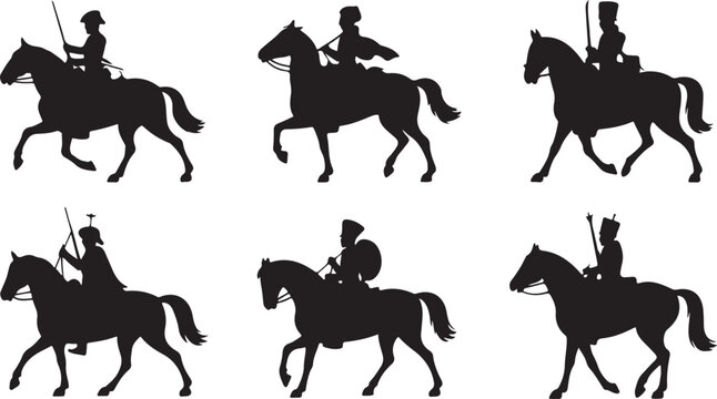 Set of silhouettes of soldiers on horseback, historical cavalrymen in uniform