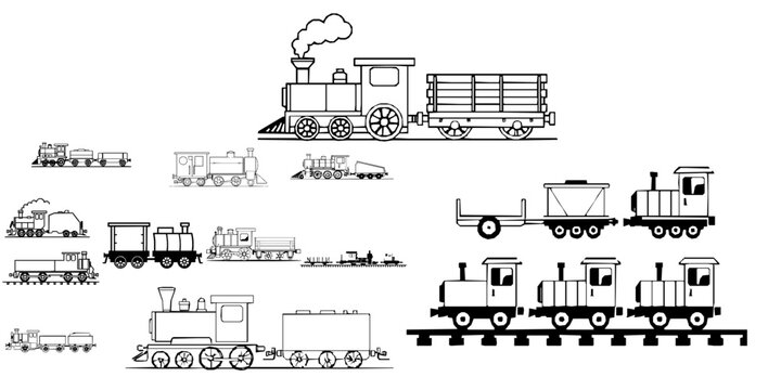 Toy Train with Simple Connected Wagons on White Background Outline