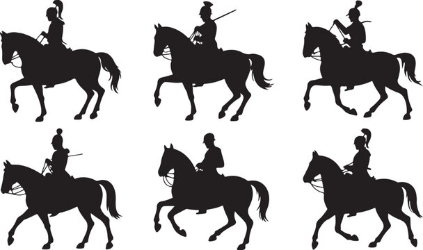 Set of silhouettes of cavalrymen on horseback, historical soldiers in uniform riding horses, military riders in helmets with swords and sabers