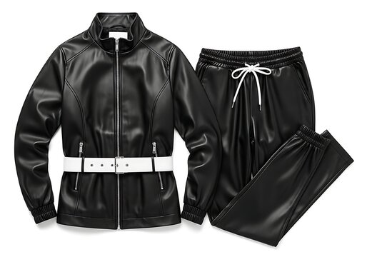 Black leather jacket and matching pants set with white belt for stylish modern urban fashion