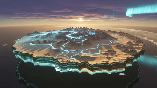Floating Circular Continental Atlas Showing Living Geography Rivers Currents Climate Systems and Geological Terrain Visualization