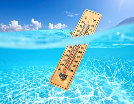 A thermometer submerged in clear blue water