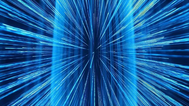 Radiating blue light beams and white light points spreading from center on dark background