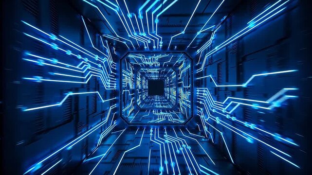 Nested square tunnel with blue neon circuit lines and deep perspective