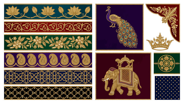 Mughal Zardozi Gold Thread Embroidery Border Frame Vector Set with Coiled Gold Wire Lotus Kalgi Plume Peacock Mango Buta Royal Elephant Pearl Sequin and Velvet Design