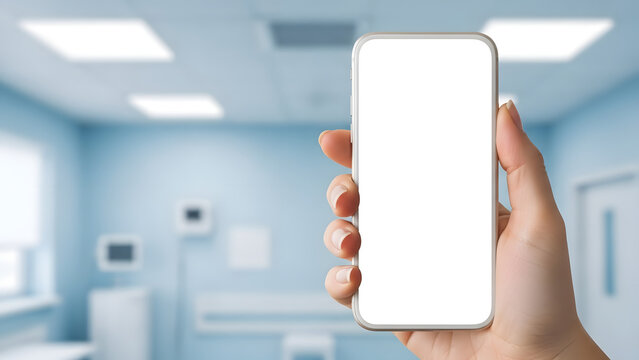 Hand holding smartphone in hospital room representing healthcare communication, medical support and patient digital connection concept