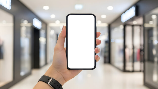 Person using smartphone in mall corridor representing retail marketing, ecommerce browsing and digital communication concept.