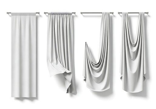 Set of four different hanging curtains and drapes on rods in various styles and folds