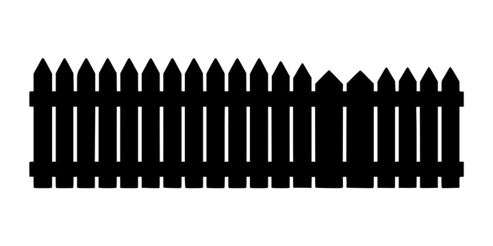 Fence, Black Picket Fence with Pointed Tops and Vertical Slats on a Clean Flat Graphic Background Featuring Palisade, Stockade, Boundary