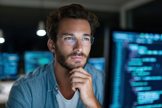 Thoughtful young male programmer with glasses looking at coding monitors in a dark office environment