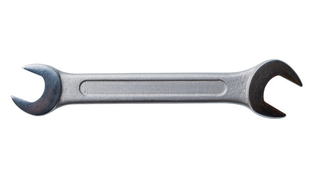 Isolated metallic silver spanner wrench with two open ends, essential repair and mechanic tool