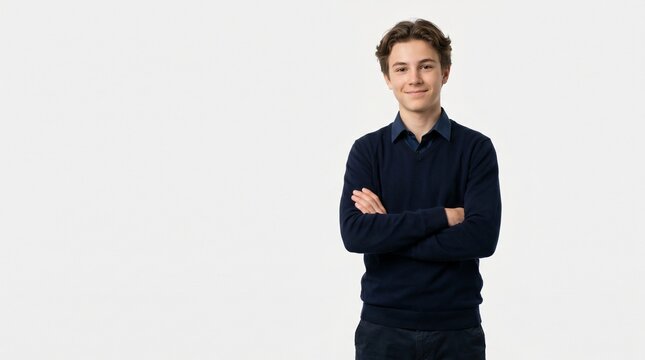 Portrait of a successful young entrepreneur in a formal black suit standing with arms crossed and looking at camera with confidence on an isolated white background for executive interview layout