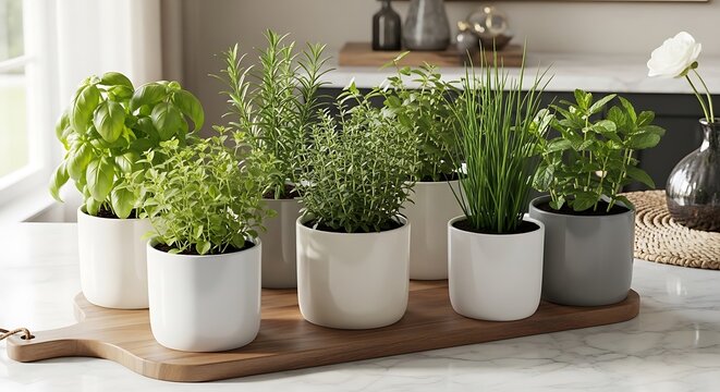 Fresh green potted herbs growing indoors on sunny windowsill in natural light. mini herb pots