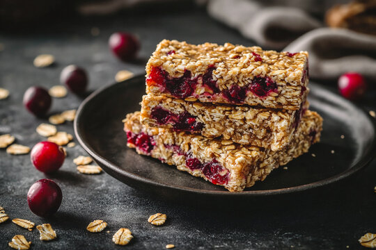 Oatmeal snack bars with honey and cranberries on a dark ceramic plate. Cinematic food photography with warm amber lighting and rich texture